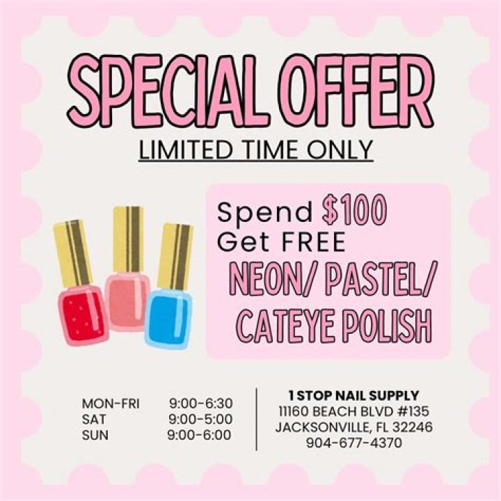 1 STOP NAIL SUPPLY 11160 Beach Blvd, Jacksonville, Florida