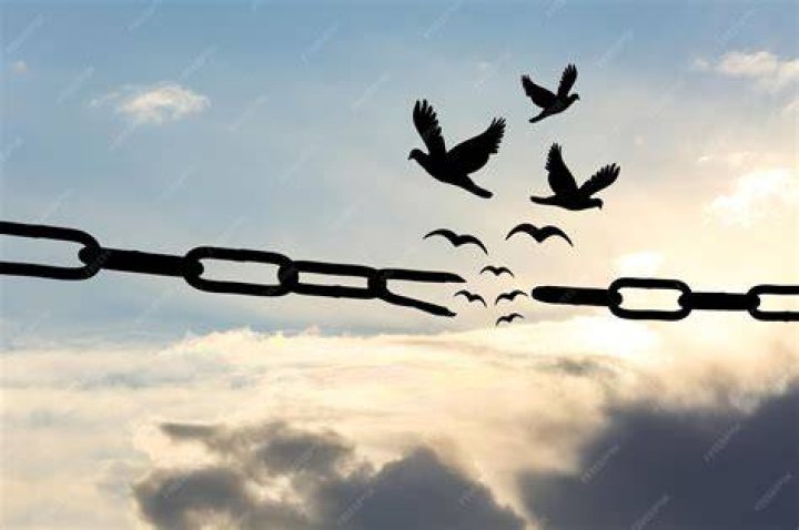 Freedom concept. Silhouettes of broken chain and birds flying in blue