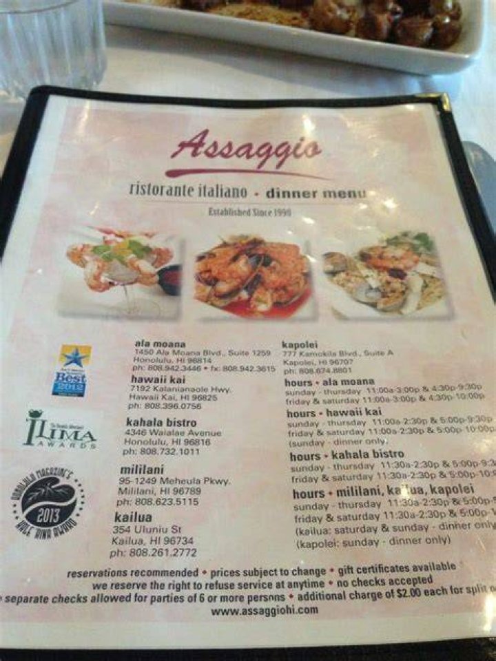 Menu at Assaggio Kailua restaurant, Kailua, 354 Uluniu St 101