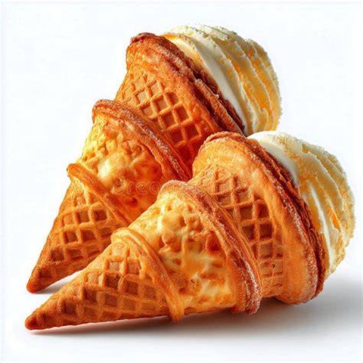 three waffle cones filled with fried food on top of each other in front